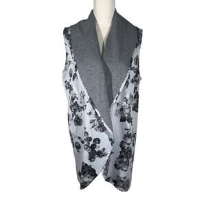 Bryn Walker Open Front Shawl Collared Sleeveless Gray Floral Vest Size Medium